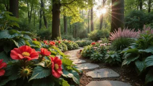 Shade-Loving Bulbs: Transform Your Dark Garden Spaces A lush woodland shade garden at golden hour, showcasing layered plantings of Giant Ruffled Red Begonias, Elephant Ears, and varied Hostas along a winding stone path, with dappled sunlight filtering through maple trees, highlighted by Japanese Anemones and feathery Astilbe, shot from a low angle with a shallow depth of field.