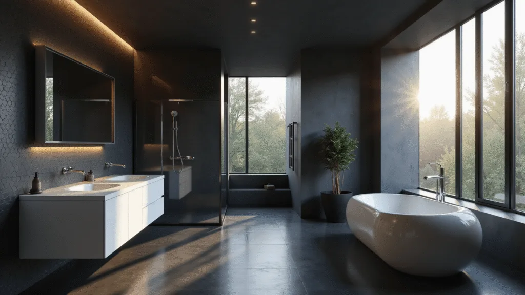Black Bathroom Design Ideas: Unleashing Elegance in Darkness A modern black bathroom featuring matte porcelain tiles, a white quartz floating vanity, and a black-framed glass shower, illuminated by dramatic morning light through a frosted window, with a large backlit mirror and ambient LED lighting.
