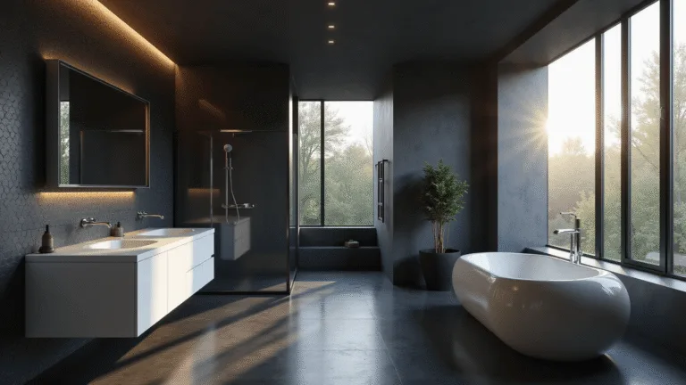 Black Bathroom Design Ideas: Unleashing Elegance in Darkness A modern black bathroom featuring matte porcelain tiles, a white quartz floating vanity, and a black-framed glass shower, illuminated by dramatic morning light through a frosted window, with a large backlit mirror and ambient LED lighting.