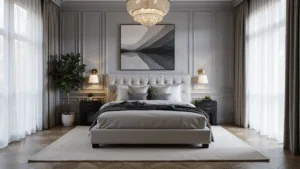 Grey Bedrooms: Your Ultimate Guide to Sophisticated, Serene Sleeping Spaces Sophisticated grey bedroom featuring a king-size platform bed with tufted velvet headboard, layered bedding, minimalist nightstands, modern artwork, herringbone wood floors, and ambient morning light filtering through sheer linen curtains.