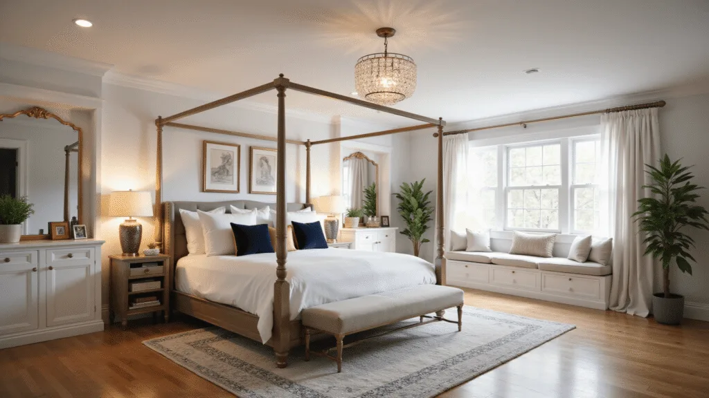 Basement Bedroom Ideas: Transforming Underground Spaces into Stunning Retreats A luxurious basement bedroom retreat featuring a four-poster bed with white linens, crystal chandelier, and warm ambient lighting, captured in cinematic detail with golden hour sunlight.