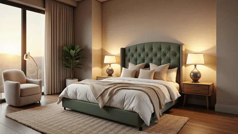 Create Your Perfect Bedroom Sanctuary: A Comprehensive Decor Guide A luxurious master bedroom bathed in golden hour sunlight, featuring a sage green tufted velvet headboard, crisp white linens, and layered textures, with vintage brass lighting and a serene reading nook.