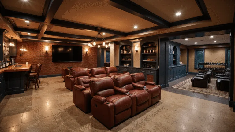 Basement Transformation: Unleash the Hidden Potential of Your Underground Space Photorealistic ultrawide shot of a luxury basement transformation featuring an industrial-chic speakeasy bar, a premium home theater, a modern home gym, and a cozy library nook, all highlighted by warm amber lighting and distinct flooring materials.