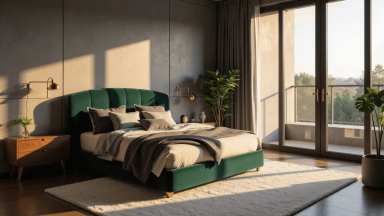 Bedroom Design Ideas 2025: Your Ultimate Guide to Creating a Dreamy Sanctuary A luxurious modern bedroom featuring a king-size bed with a green velvet headboard, warm gray walls, golden hour sunlight, layered bedding, brass sconces, walnut nightstands, and plush wool rug, with potted monstera plants, captured in photorealistic detail.