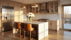 The Timeless Appeal of Beige Kitchen Cabinets: A Design Lover's Guide Photorealistic interior of a spacious modern kitchen with beige cabinets, Calacatta marble countertops, cognac leather barstools, and golden hour lighting casting warm tones.