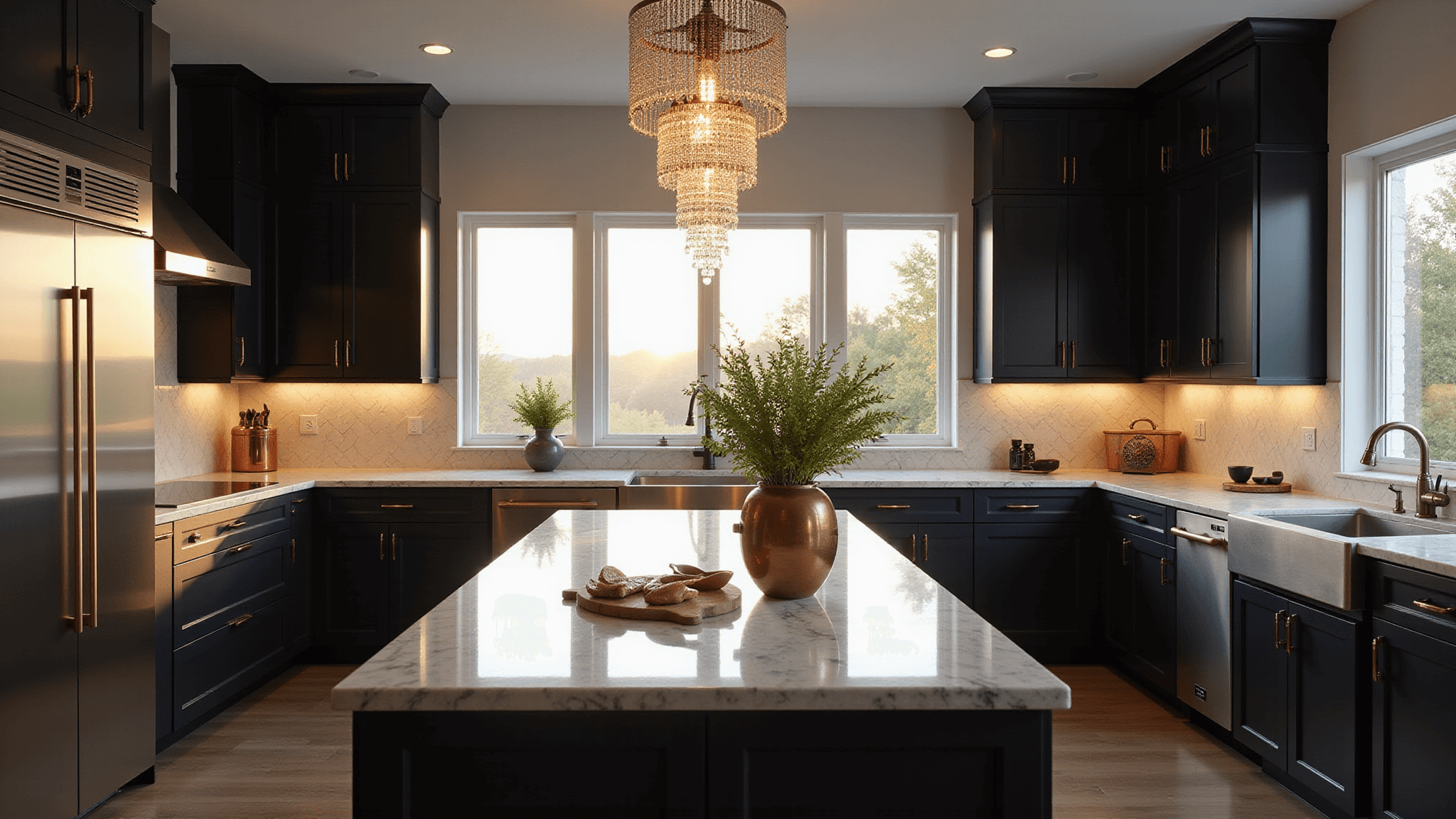 Photorealistic ultra-wide angle view of a luxurious dark kitchen during golden hour, featuring matte black shaker cabinets with brass hardware, a 10-foot white marble waterfall island, and dramatic natural light. Elements include a vintage chandelier, stainless appliances, herringbone backsplash, copper cookware, and fresh herbs, all captured in rich color grading and 8K resolution.