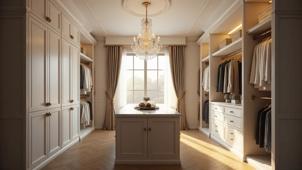 Photorealistic ultra-wide angle shot of a luxurious walk-in closet featuring custom white cabinetry, marble island, designer clothing racks, and a crystal chandelier, all illuminated by soft natural light during golden hour, showcasing hyper-detailed textures and elegant champagne gold accents.