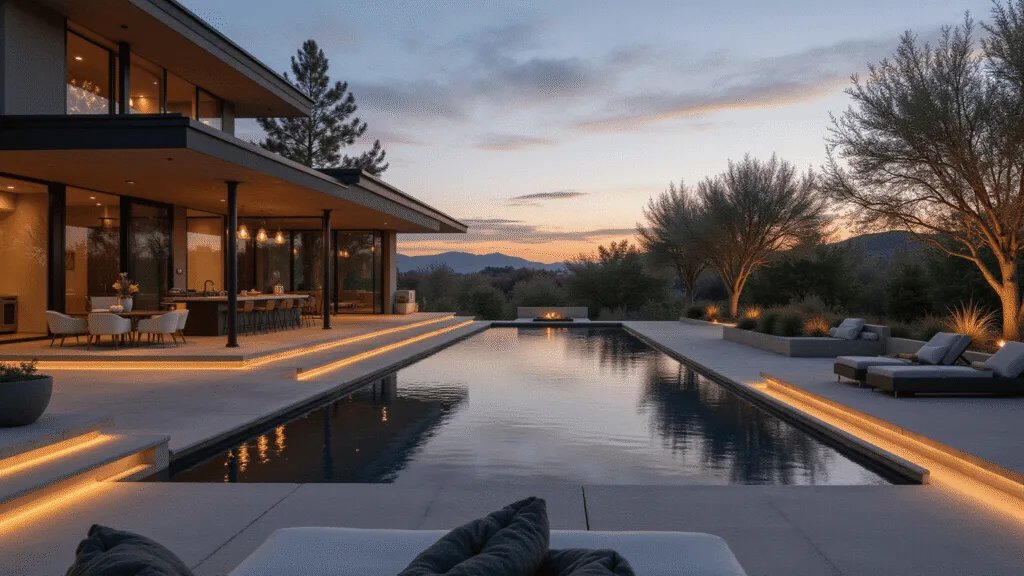 Creating Your Backyard Oasis: Comprehensive Design Guide for 2025 Photorealistic wide-angle view of a luxurious modern backyard at golden hour, showcasing a multi-level design with a high-end outdoor kitchen, infinity pool, and contemporary lounge furniture, surrounded by mature olive trees and geometric planters.