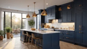 Navy Blue Kitchen Cabinets: Transform Your Space with Bold Elegance A photorealistic image of a spacious modern kitchen featuring navy blue Shaker-style cabinets, Carrara marble waterfall countertops, warm brass pendant lights, and white oak herringbone flooring, all beautifully illuminated during golden hour.