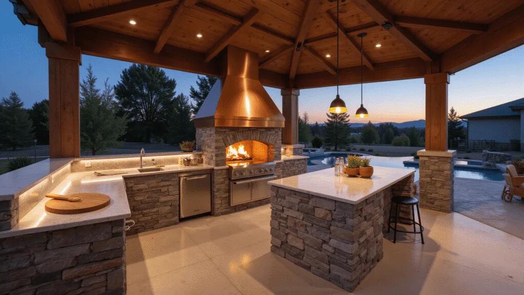Outdoor Kitchens with Pizza Ovens: Your Backyard's Culinary Paradise Photorealistic wide-angle shot of a modern outdoor pizza kitchen at twilight, featuring a stone pizza oven and marble countertops, surrounded by rich foliage and illuminated by warm lighting.