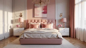 Pink Bedroom Ideas: Transform Your Space with Elegant and Playful Pink Designs A luxurious pink bedroom featuring a grand upholstered bed with a blush pink velvet headboard, soft dusty rose walls, and warm morning sunlight streaming through sheer white curtains. Decorated with layered silk bedding, textured pillows, a vintage brass chandelier, and modern abstract artwork, the scene showcases white oak herringbone flooring and a plush cream area rug. A white nightstand holds a pink glass lamp and fresh pink peonies. Shot in 8K resolution with shallow depth of field during golden hour.