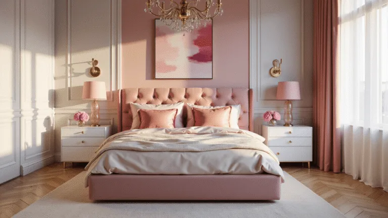 Pink Bedroom Ideas: Transform Your Space with Elegant and Playful Pink Designs A luxurious pink bedroom featuring a grand upholstered bed with a blush pink velvet headboard, soft dusty rose walls, and warm morning sunlight streaming through sheer white curtains. Decorated with layered silk bedding, textured pillows, a vintage brass chandelier, and modern abstract artwork, the scene showcases white oak herringbone flooring and a plush cream area rug. A white nightstand holds a pink glass lamp and fresh pink peonies. Shot in 8K resolution with shallow depth of field during golden hour.