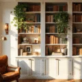 A sun-drenched home library with floor-to-ceiling white bookshelves arranged in a rainbow gradient, featuring a cognac leather chair, brass floor lamp, vintage sconces, trailing pothos plants, and artisanal bookends, illuminated by late afternoon sunlight streaming through Georgian windows.