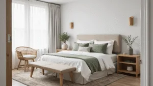 Guest Bedroom Ideas: Crafting the Ultimate Cozy Retreat A luxurious guest bedroom featuring a queen-size bed with white Egyptian cotton sheets, light grey linen duvet, and sage green velvet pillows, accented by natural light filtering through sheer curtains, a vintage Persian rug, rattan chair, and brass sconces, all set in an elegant architectural design.