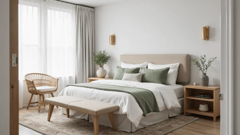 Guest Bedroom Ideas: Crafting the Ultimate Cozy Retreat A luxurious guest bedroom featuring a queen-size bed with white Egyptian cotton sheets, light grey linen duvet, and sage green velvet pillows, accented by natural light filtering through sheer curtains, a vintage Persian rug, rattan chair, and brass sconces, all set in an elegant architectural design.