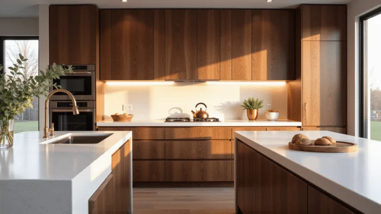 Walnut Kitchen Cabinets: Transforming Your Kitchen with Timeless Elegance and Warmth A modern kitchen interior featuring rich chocolate-brown walnut cabinets, a white quartz waterfall island, and warm golden hour lighting, with minimalist brass accents and organic touches like a copper kettle and eucalyptus.