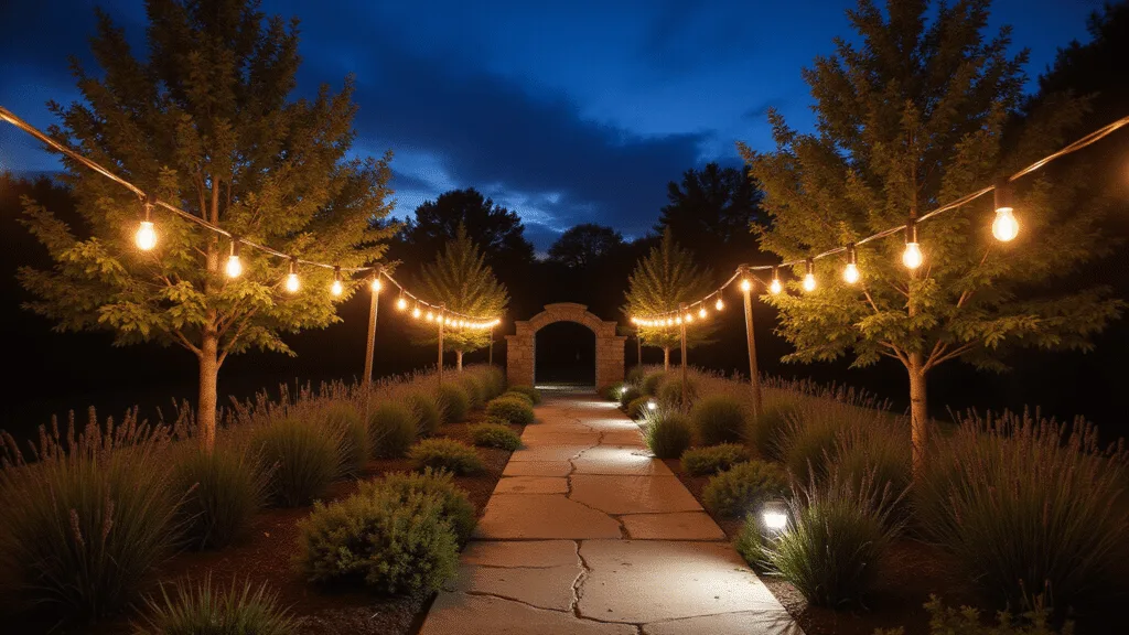 Magical Garden Lighting: Transform Your Outdoor Space After Dark Cinematic nighttime garden scene featuring a meandering slate stone path illuminated by vintage copper Edison lights, with dramatic silhouettes of Japanese maple trees against a twilight blue sky and soft uplighting on ornamental grasses and lavender borders.