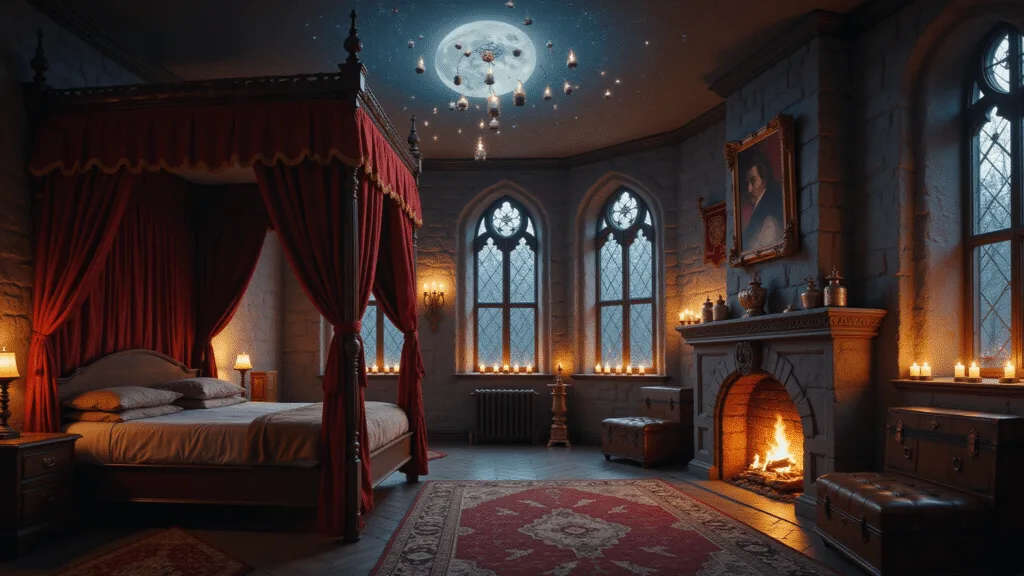 Magical Makeover: Creating the Ultimate Harry Potter Bedroom Cinematic wide-angle view of a Hogwarts-inspired bedroom at twilight, featuring a grand four-poster bed, floating candles, Gothic stone walls, and shimmering moonlight through stained glass windows.