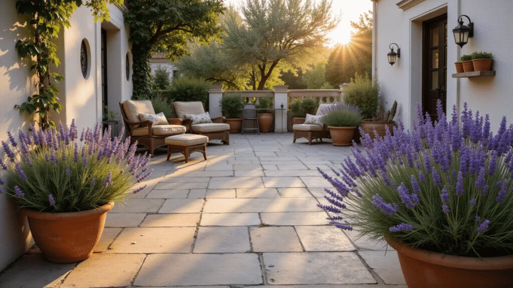 Lavender Gardens: Create a Stunning and Fragrant Landscape Cinematic wide shot of a sun-drenched Mediterranean garden terrace at golden hour, featuring lavender in terracotta planters, whitewashed walls, and ancient olive trees, with warm light and soft bokeh effect.