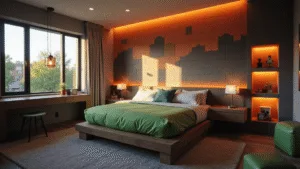 Minecraft Bedroom Ideas: Transform Your Space into a Pixelated Paradise A modern Minecraft-themed bedroom with a block-style platform bed, earthy geometric mural, illuminated collectibles, and ambient LED lighting, captured during golden hour in 8K resolution.