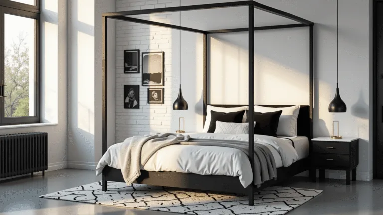Black and White Bedroom Ideas: Creating a Timeless and Sophisticated Sanctuary Hyperrealistic photograph of a sophisticated minimalist black and white industrial bedroom featuring a black metal canopy bed with white Belgian linen, velvet pillows, and geometric area rug, illuminated by morning sunlight through large windows.