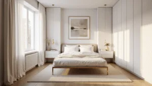 Small Bedroom Design Ideas: Maximizing Space and Style Photorealistic image of a luxurious small bedroom bathed in dreamy morning light, featuring a queen-size platform bed with a brass frame, sheer white curtains, and built-in storage, complemented by light oak hardwood floors and minimal decor.