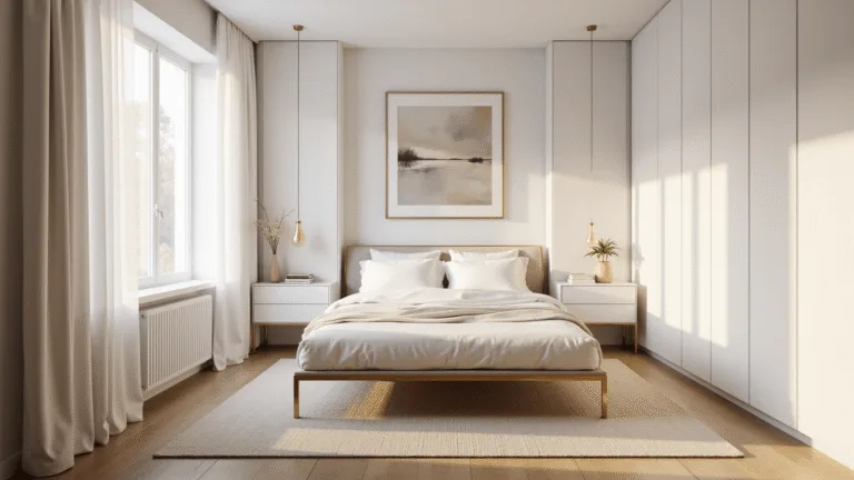 Small Bedroom Design Ideas: Maximizing Space and Style Photorealistic image of a luxurious small bedroom bathed in dreamy morning light, featuring a queen-size platform bed with a brass frame, sheer white curtains, and built-in storage, complemented by light oak hardwood floors and minimal decor.