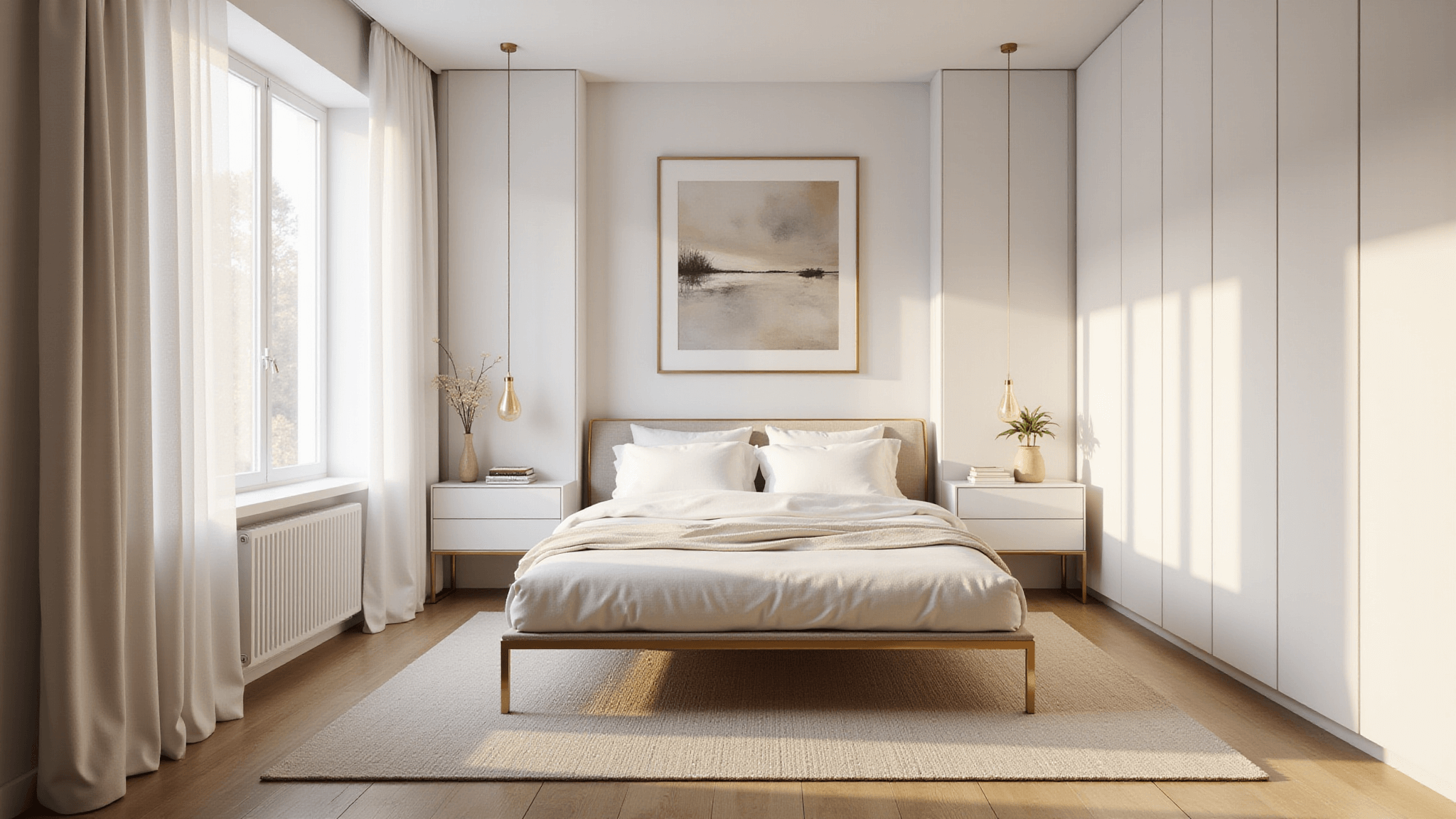 Photorealistic image of a luxurious small bedroom bathed in dreamy morning light, featuring a queen-size platform bed with a brass frame, sheer white curtains, and built-in storage, complemented by light oak hardwood floors and minimal decor.