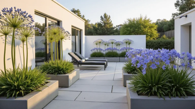Agapanthus: Transform Your Garden with the Stunning Lily of the Nile Photorealistic wide-angle view of a modern garden terrace at golden hour, featuring tall blue Agapanthus in concrete planters, clean white stucco walls, charcoal loungers, and geometric limestone pavers, with long shadows and soft bokeh in the background.