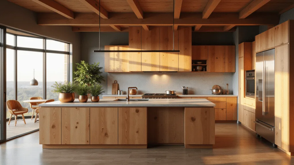 Alder Kitchen Cabinets: Your Ultimate Guide to Warmth, Style, and Practicality A luxurious open-concept kitchen featuring rich alder wood cabinets, waterfall island countertop, stainless steel appliances, and rustic elements, bathed in golden hour light.