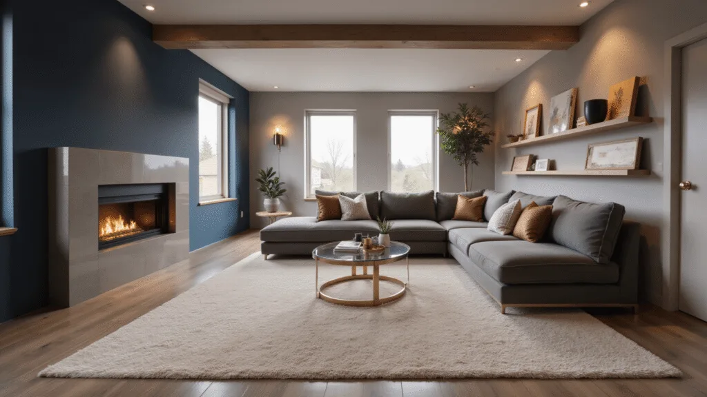 Transform Your Basement into a Cozy Family Sanctuary: Design Secrets Revealed A luxurious transformed basement living space featuring a navy blue accent wall, warm greige walls, a plush L-shaped grey velvet sectional, a contemporary gas fireplace, and layered lighting, all rendered in photorealistic detail.