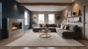 Transform Your Basement into a Cozy Family Sanctuary: Design Secrets Revealed A luxurious transformed basement living space featuring a navy blue accent wall, warm greige walls, a plush L-shaped grey velvet sectional, a contemporary gas fireplace, and layered lighting, all rendered in photorealistic detail.