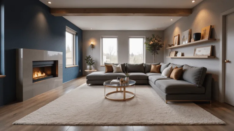 Transform Your Basement into a Cozy Family Sanctuary: Design Secrets Revealed A luxurious transformed basement living space featuring a navy blue accent wall, warm greige walls, a plush L-shaped grey velvet sectional, a contemporary gas fireplace, and layered lighting, all rendered in photorealistic detail.