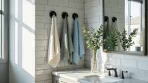 Creative Bathroom Towel Rack Ideas: Transform Your Space with Style and Function Photorealistic high-end bathroom interior with natural lighting, white subway-tiled wall, matte black towel rings holding Turkish cotton towels in sage, cream, and dusty blue, marble vanity with eucalyptus in a crystal vase, chrome fixtures, shot from a 45-degree angle with shallow depth of field, capturing luxurious textures and a spa-like atmosphere.