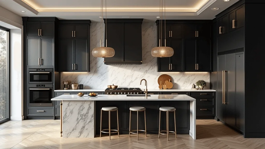 Black Kitchen Cabinets: The Ultimate Design Statement for Modern Homes Photorealistic interior of a luxurious modern kitchen with black cabinets, gold hardware, white marble countertops, and natural light from large windows, featuring oak herringbone floors and crystal chandeliers.