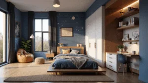Creative Boy Bedroom Ideas That Grow with Your Child A beautifully designed boy's bedroom featuring a navy blue shiplap wall with vintage maps, a modern platform bed with cosmic-print bedding, a telescope station, reading nook, and modular storage, all illuminated by golden hour sunlight.