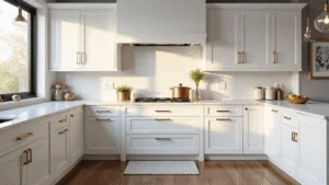Photorealistic interior image of a sunlit modern kitchen featuring white Shaker cabinets with brass hardware, marble countertops, copper pots with herbs, and artisanal ceramics, styled with industrial lights and rich wood flooring, emphasizing craftsmanship and detail.