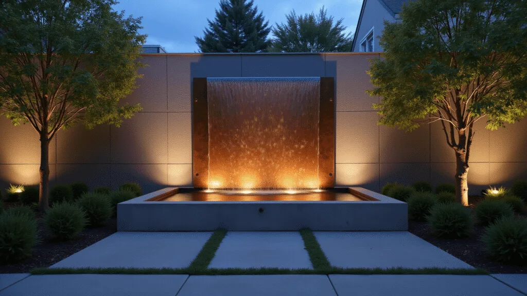 A contemporary courtyard garden at dusk featuring a weathered copper wall fountain cascading water into a reflection pool, framed by Japanese maple trees and illuminated by uplighting, with minimalist concrete pavers and a dreamy bokeh effect.