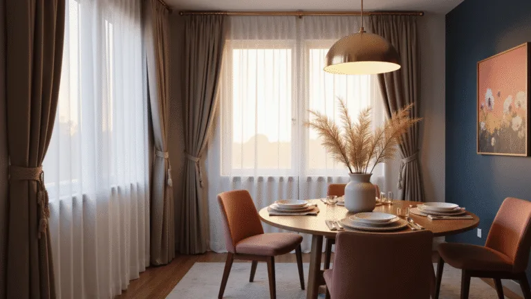 Apartment Dining Room Decor: Transform Your Small Space into a Stylish Sanctuary A cozy modern apartment dining room bathed in golden hour light, featuring a round walnut table with brass accents, dusty rose velvet chairs, and a navy blue accent wall adorned with coral and gold abstract art, complemented by a modern brass pendant light and a pampas grass centerpiece.