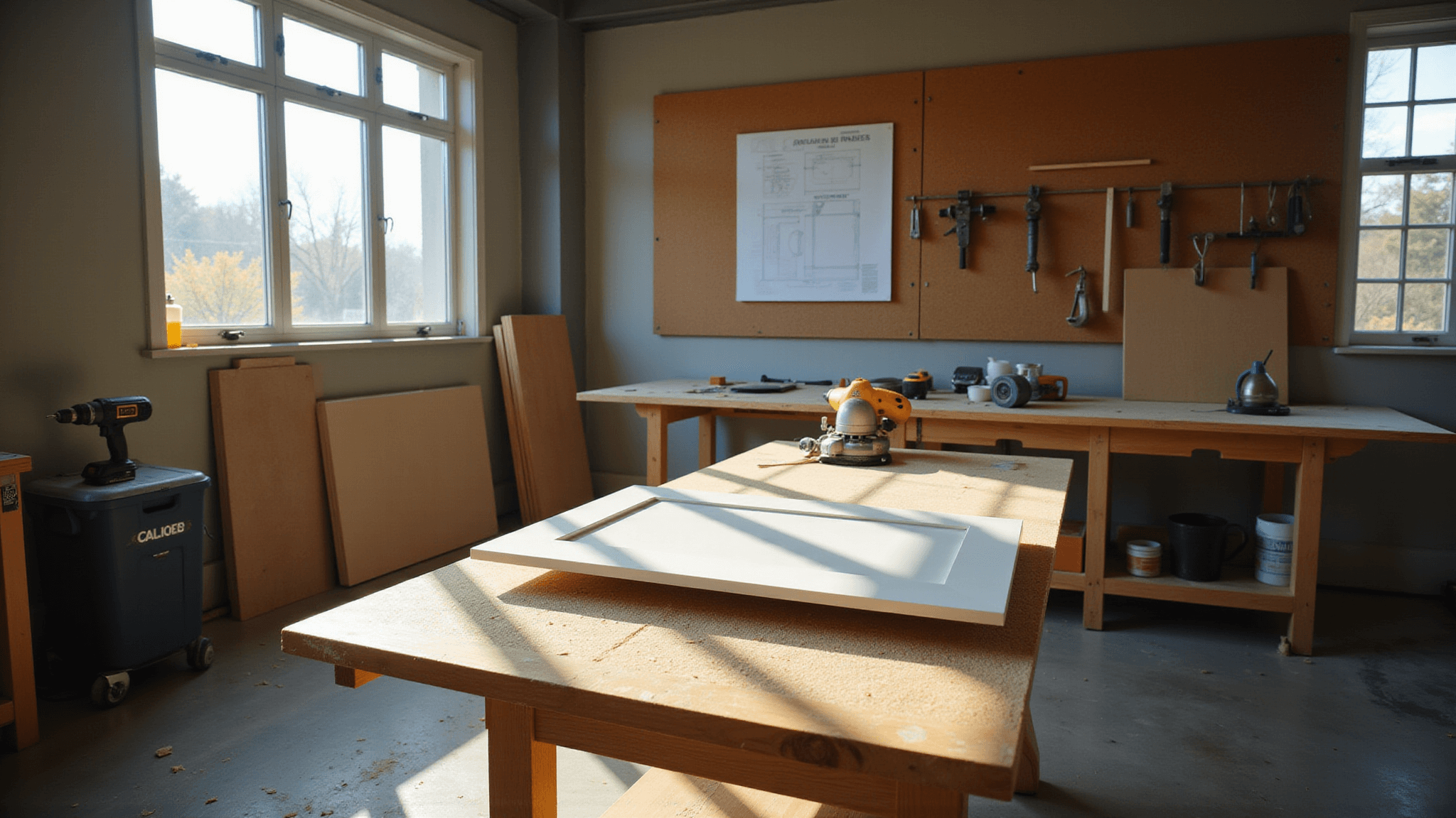 A sunlit home workshop dedicated to cabinet making, featuring a partially completed white Shaker-style cabinet door on a professional workbench, surrounded by tools, plywood, and detailed plans, with dramatic shadows and an atmospheric feel.