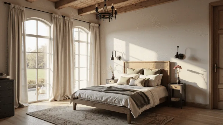 Bedroom Décor Ideas That Will Transform Your Space in 2025 Photorealistic interior of a serene modern farmhouse bedroom bathed in golden morning light, featuring a king-size bed with a weathered oak headboard, layered bedding in neutral tones, vintage Persian rug, and elegant matte black fixtures under high ceilings with exposed beams.
