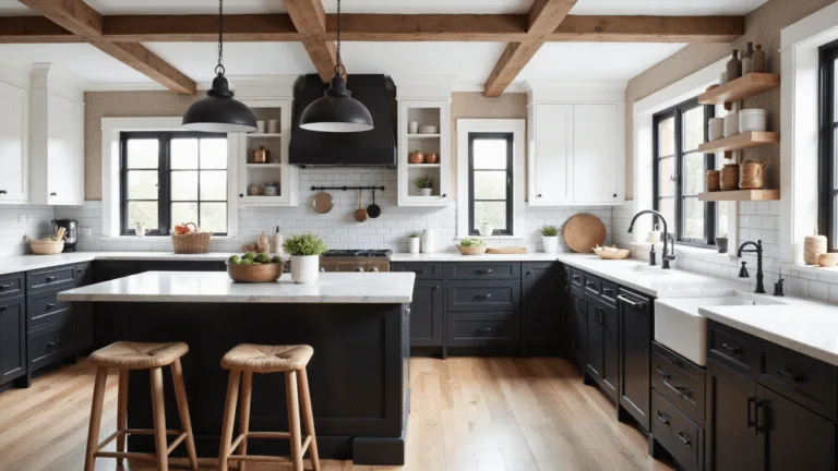 Creating a Stunning Black and White Farmhouse Kitchen: Your Ultimate Design Guide Photorealistic interior of a sunlit farmhouse kitchen featuring black lower cabinets, white Shaker-style upper cabinets, a Carrara marble waterfall island, industrial pendant lights, and a white subway tile backsplash, all accented by natural light and wide-plank oak flooring.