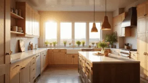 Natural Wood Kitchen Cabinets: The Ultimate Guide to Timeless Elegance A warm, golden hour shot of a modern farmhouse kitchen featuring light oak Shaker cabinets, a dark walnut island with brass hardware, and white quartz countertops, illuminated by vintage copper pendant lights. A farmhouse sink with herb plants sits under a window, with minimal decor enhancing the hyperrealistic scene.