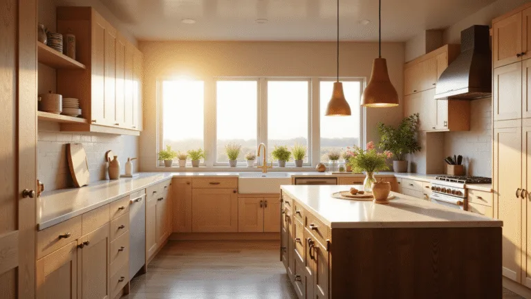 Natural Wood Kitchen Cabinets: The Ultimate Guide to Timeless Elegance A warm, golden hour shot of a modern farmhouse kitchen featuring light oak Shaker cabinets, a dark walnut island with brass hardware, and white quartz countertops, illuminated by vintage copper pendant lights. A farmhouse sink with herb plants sits under a window, with minimal decor enhancing the hyperrealistic scene.