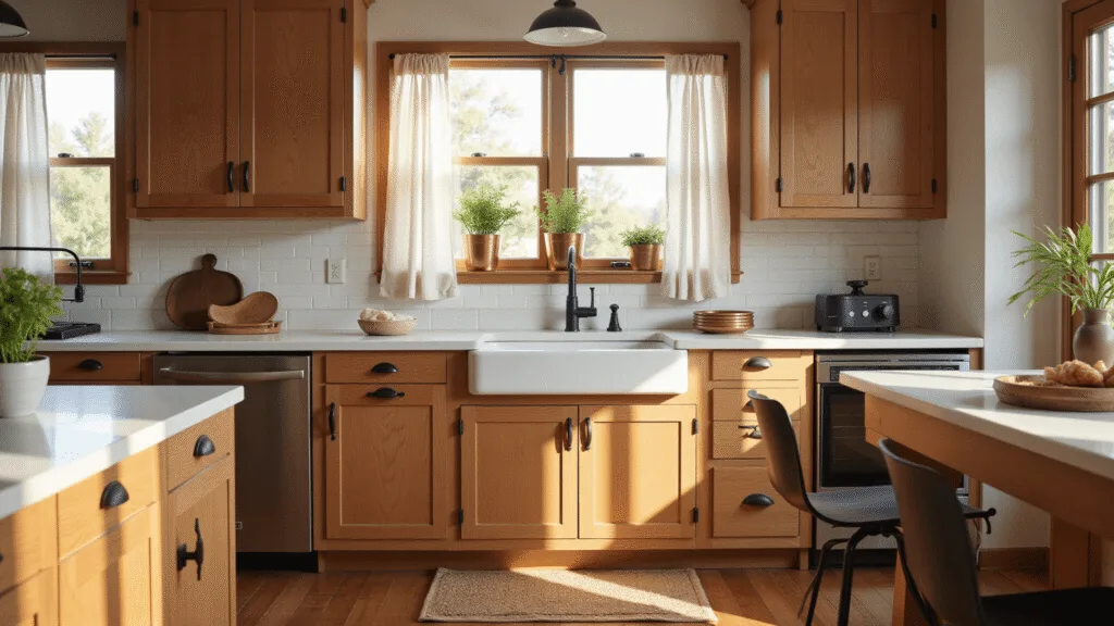 Mastering Wood Kitchen Cabinet Photography: A Comprehensive Guide Cinematic modern farmhouse kitchen with honey-toned oak cabinets, matte black hardware, and a white quartz island, illuminated by golden morning light streaming through sheer linen curtains.
