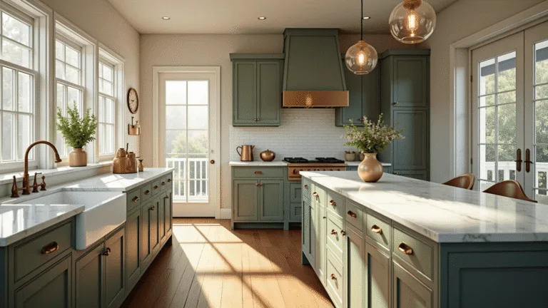 Stylish Kitchen Cabinet Ideas for 2025: Transforming Your Culinary Space Photorealistic interior of a modern farmhouse kitchen with sage green Shaker cabinets, white marble countertops, farmhouse sink, and vintage glass pendant lights; bathed in golden hour sunlight, highlighting decorative vessels and copper cookware.