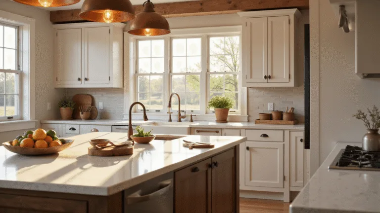 Wood Kitchen Cabinets: Your Ultimate Guide to Timeless Kitchen Design Photorealistic modern farmhouse kitchen with white oak cabinets, dark oak island, creamy quartz countertops, and vintage copper pendant lights, illuminated by natural light from triple-pane windows, showcasing artisanal ceramics and fresh herbs.