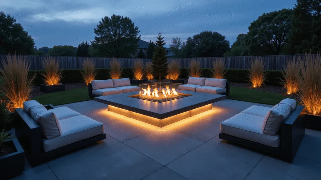 Cinematic twilight scene of a luxurious backyard with a minimalist rectangular concrete fire pit, illuminated by warm LED lighting, surrounded by charcoal gray modular sofas and architectural grasses, captured in high-resolution detail during blue hour.