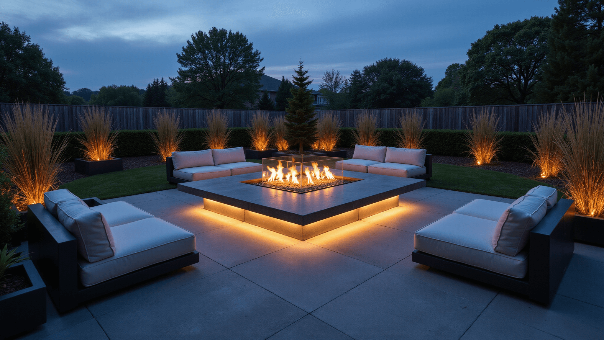Cinematic twilight scene of a luxurious backyard with a minimalist rectangular concrete fire pit, illuminated by warm LED lighting, surrounded by charcoal gray modular sofas and architectural grasses, captured in high-resolution detail during blue hour.