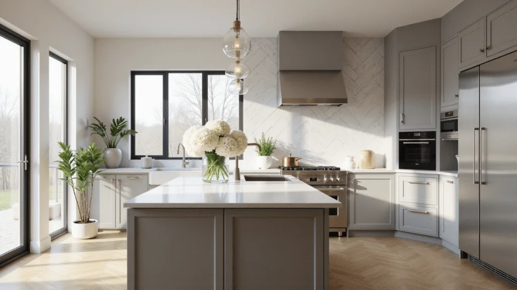 Photorealistic sunlit modern kitchen with dove grey shaker cabinets, white quartz waterfall countertops, and a marble herringbone backsplash, featuring a central island with hydrangeas, natural oak herringbone flooring, floor-to-ceiling windows, and minimalist decor.